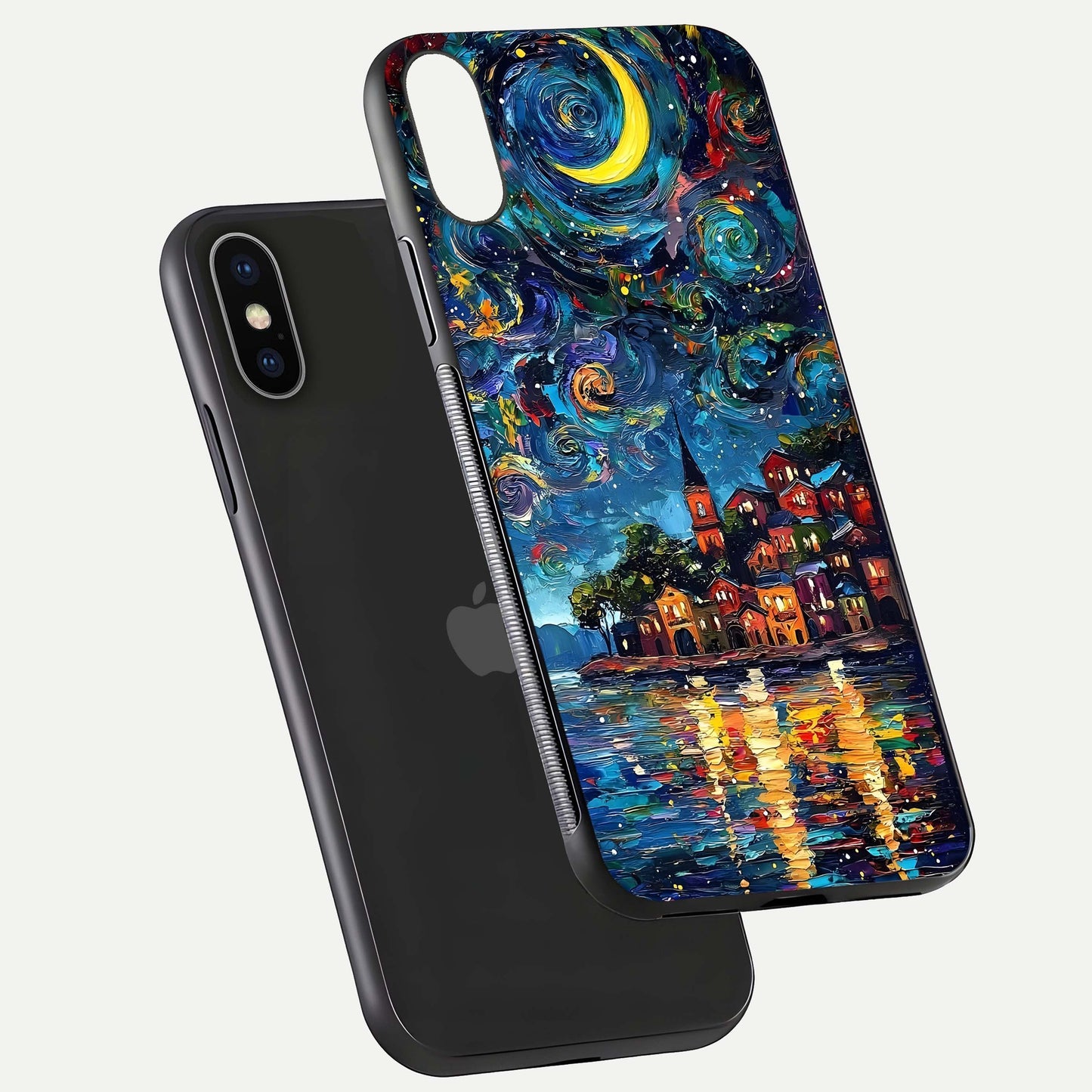 Moonlight Harbor Glow Glass Case for iPhone X floating dual-view mockup showing gloss brightness and glow