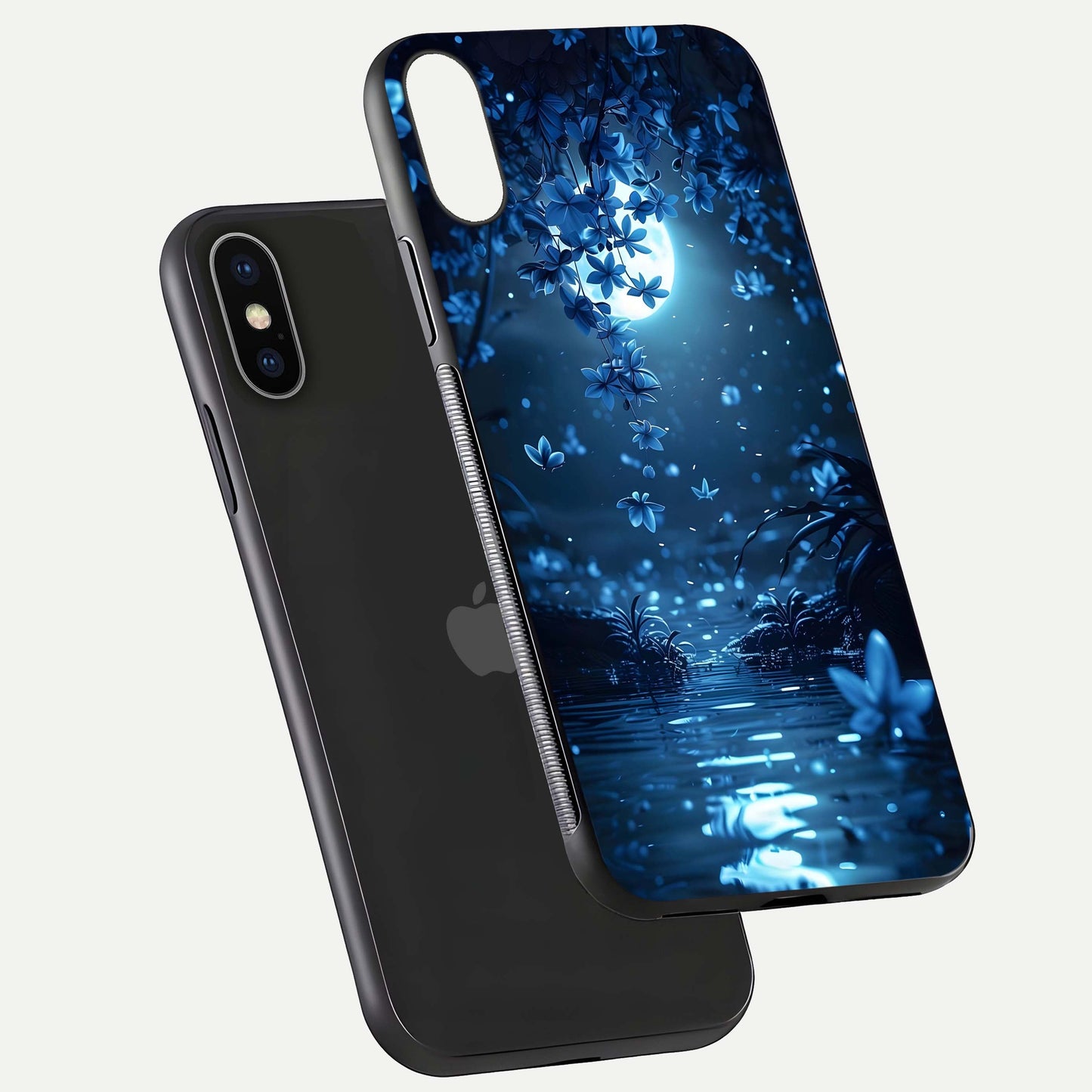 Moonlight Petal Dream Glass Case for iPhone X floating dual-view mockup showing HD gloss and dreamy art