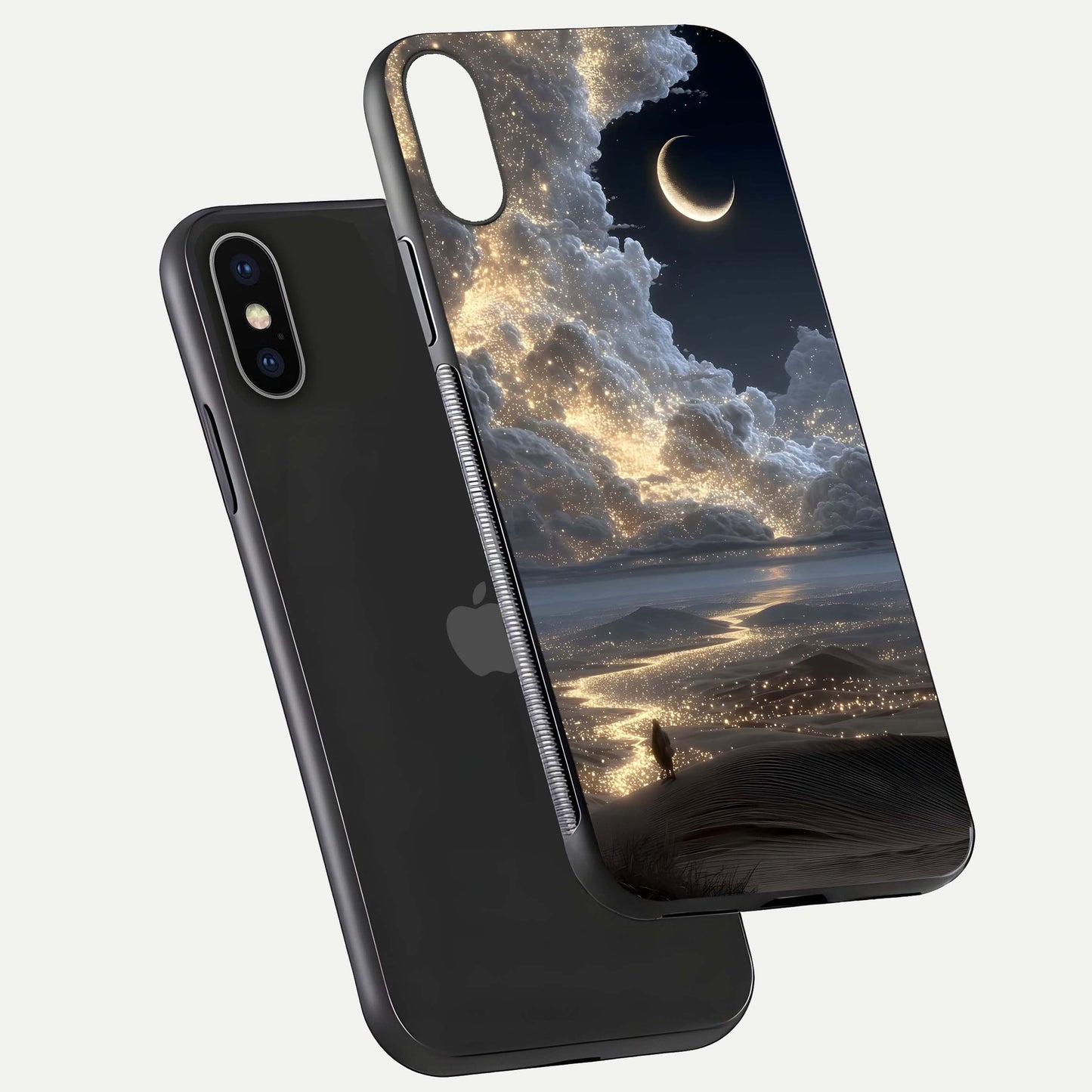 Moonlight Spark Path Glass Case for iPhone X floating dual-view mockup showing gloss finish and shine depth