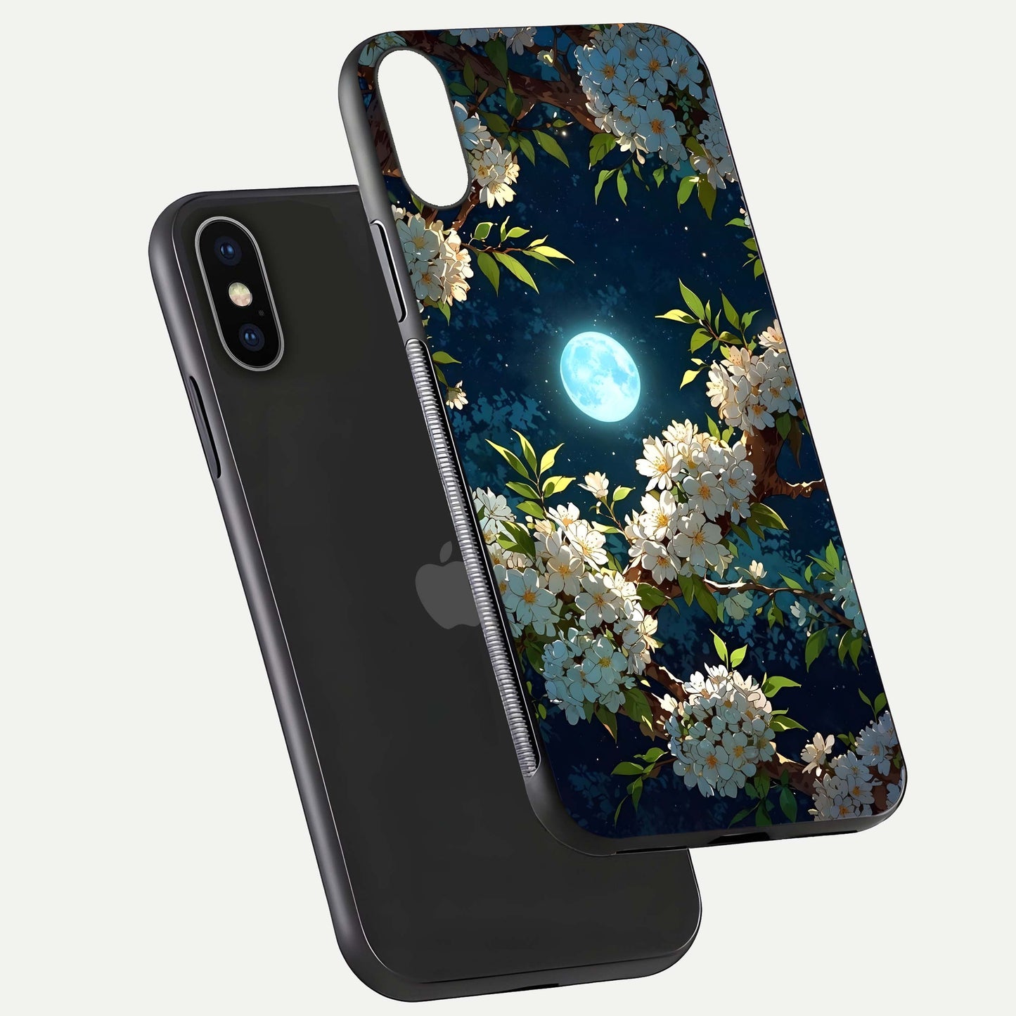 Moonlit Blossom Dream Glass Case for iPhone X floating dual-view mockup showing gloss texture and floral tone