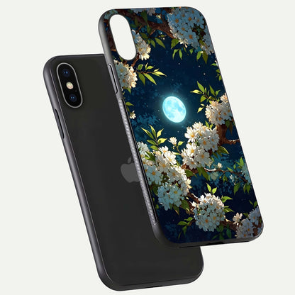 Moonlit Blossom Dream Glass Case for iPhone X floating dual-view mockup showing gloss texture and floral tone