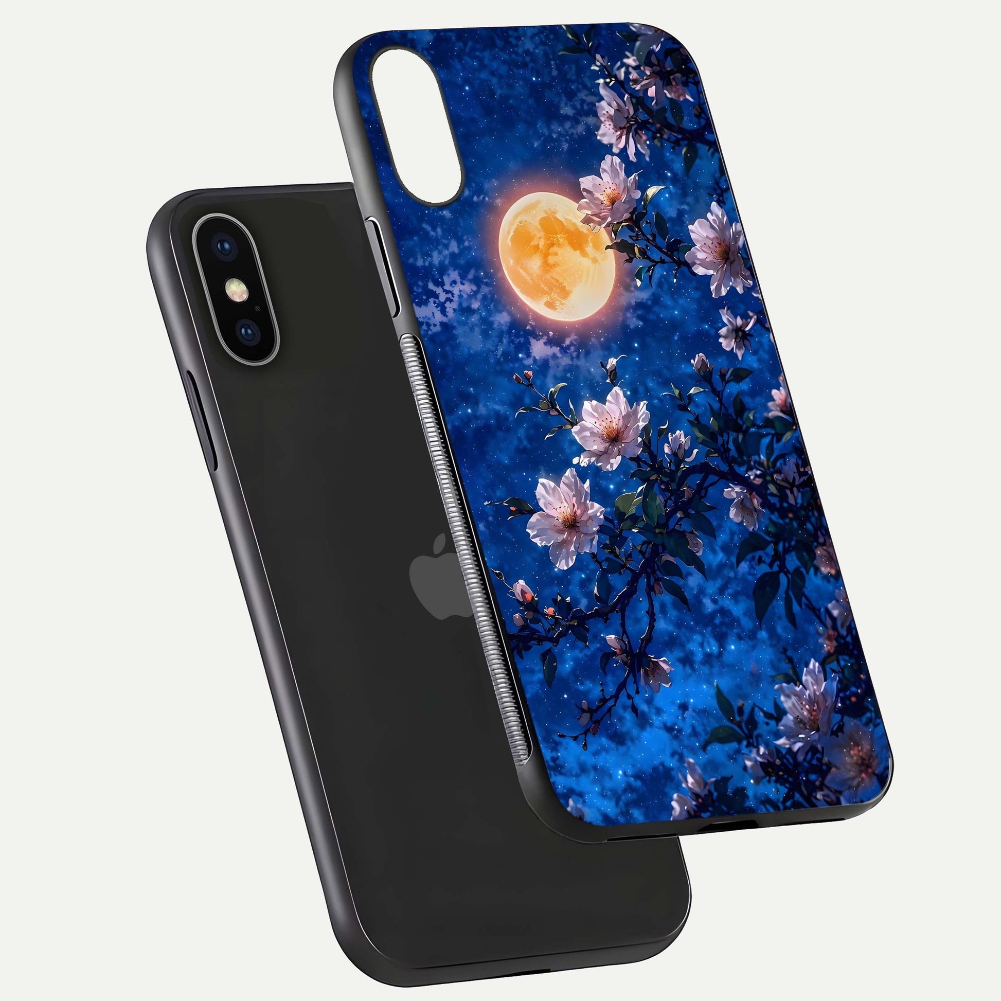 Moonlit Blossoms Night Glass Case for iPhone X floating dual-view mockup showing HD gloss and floral contrast