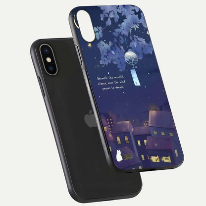 Moonlit Cat Silence Glass Case for iPhone X floating dual-view mockup showing gloss reflection and moon art