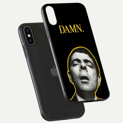 Mr Bean Damn Glass Case for iPhone X floating dual-view mockup showing reflective gloss and vivid tones