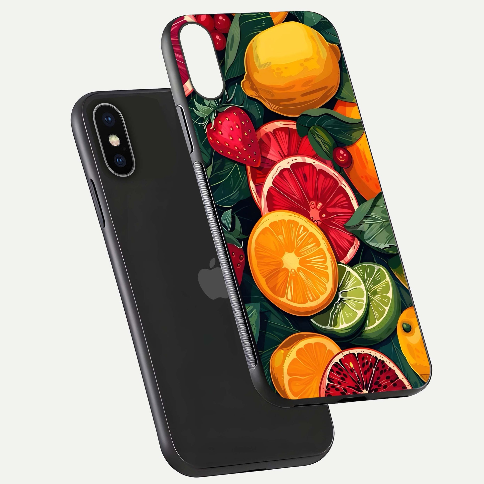 Multiple Fruits Glass Case for iPhone X floating dual-view mockup showing reflection depth and freshness