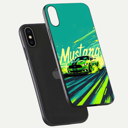 Mustang Bang Glass Case for iPhone X floating dual-view mockup showing gloss depth and power design