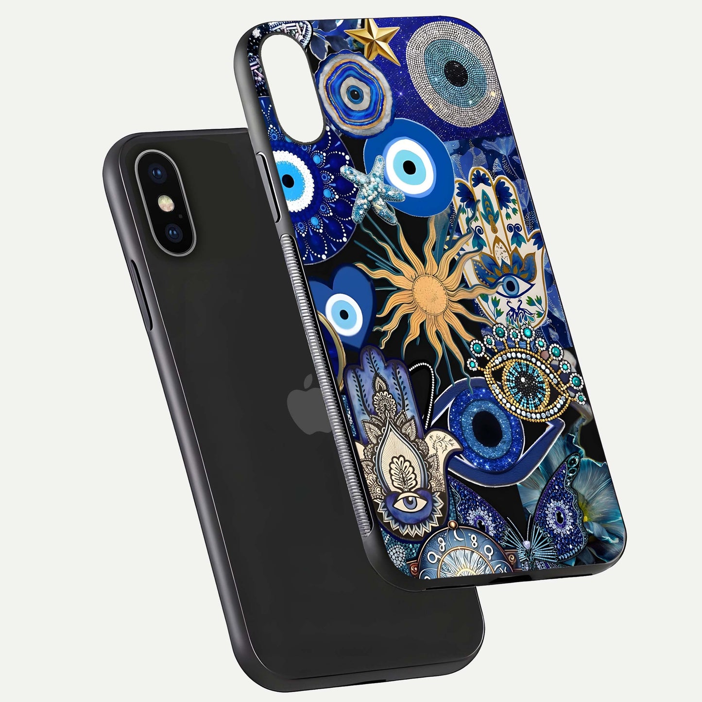 Mystic Blue Evil Eye Glass Case for iPhone X floating dual-view mockup showing gloss depth and sacred symbol