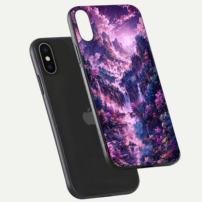 Mystic Cascade Peaks Glass Case for iPhone X floating dual-view mockup showing gloss texture and depth