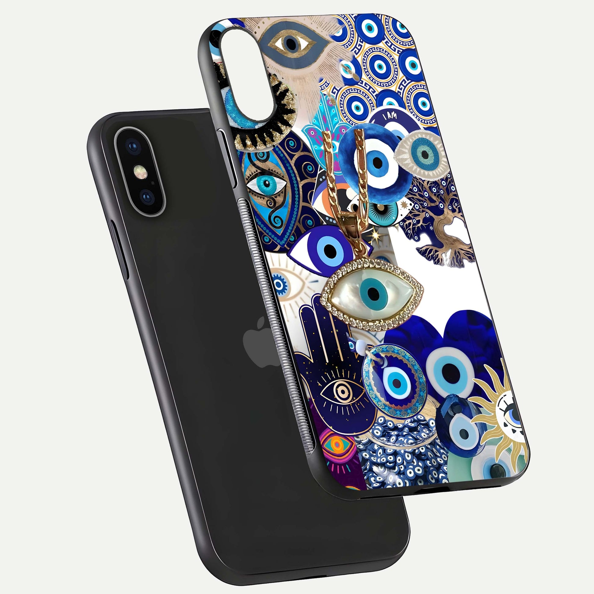 Mystic Charm Eye Glass Case for iPhone X floating dual-view mockup showing gloss glow and charm symbol