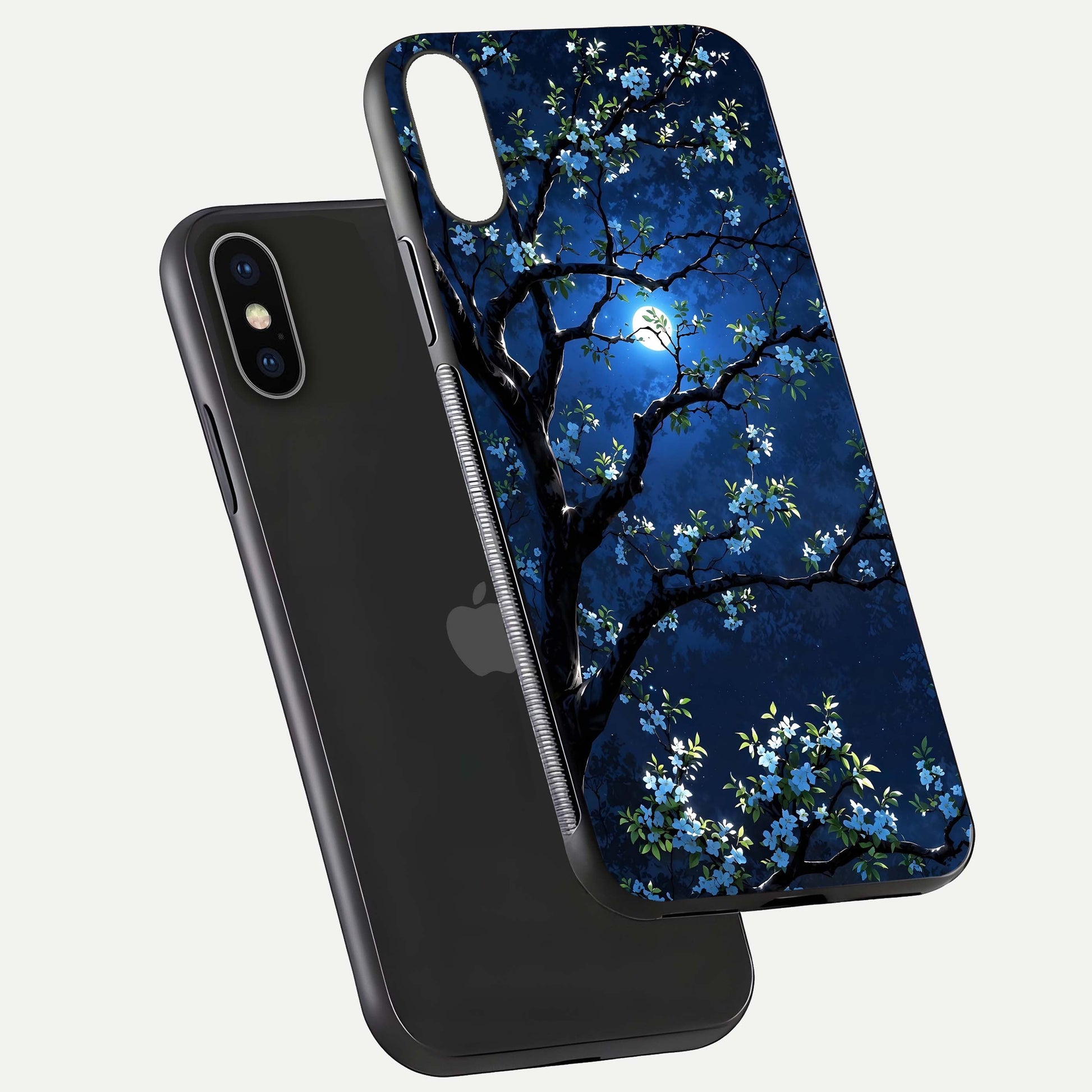 Mystic Floral Night Glass Case for iPhone X floating dual-view mockup displaying shine and rich color depth