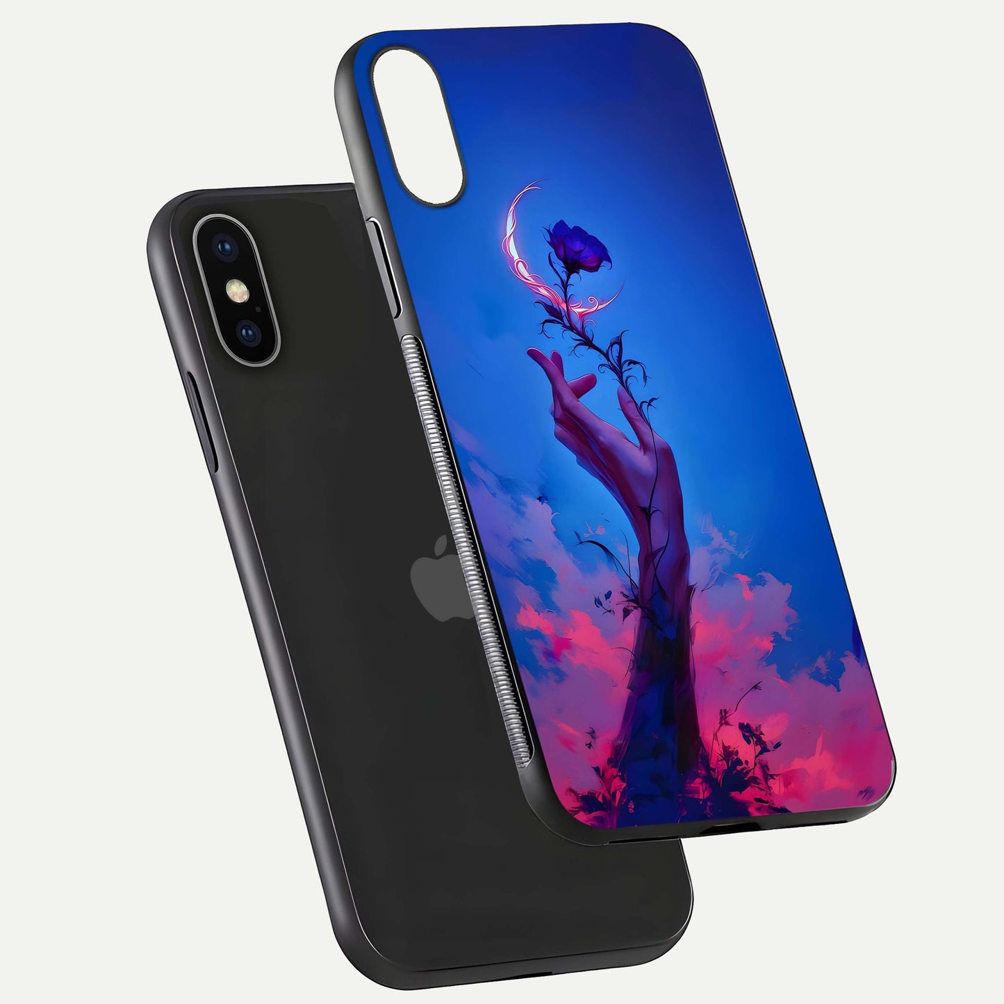 Mystic Hand Glass Case for iPhone X floating dual-view mockup showing HD shine and fine palm detail