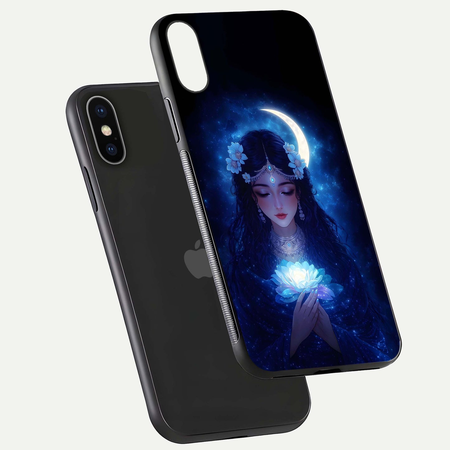 Mystic Moon Queen Glass Case for iPhone X floating dual-view mockup showing HD gloss and cosmic glow