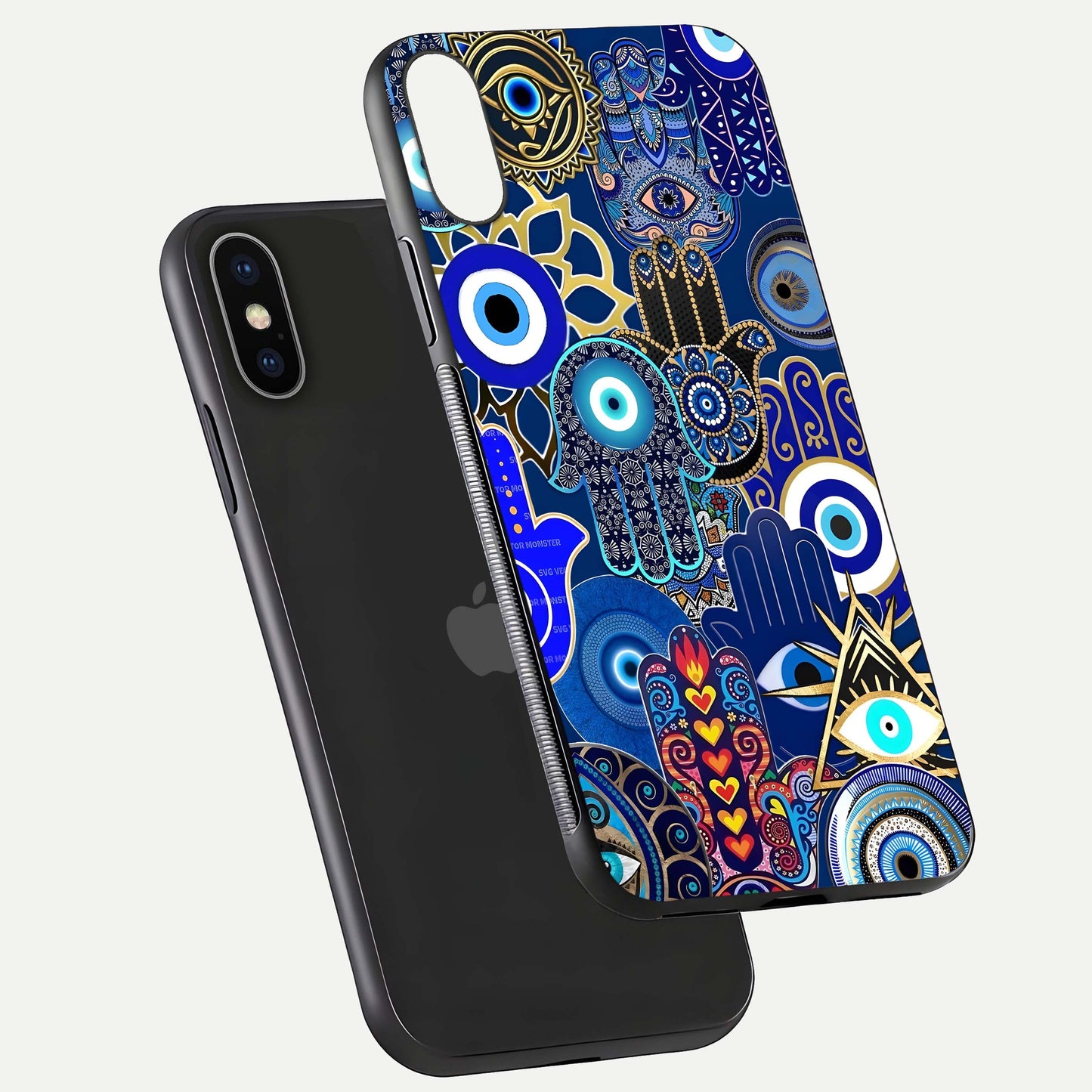 Mystic Palm Guard Glass Case for iPhone X floating dual-view mockup showing HD reflection and vivid tone