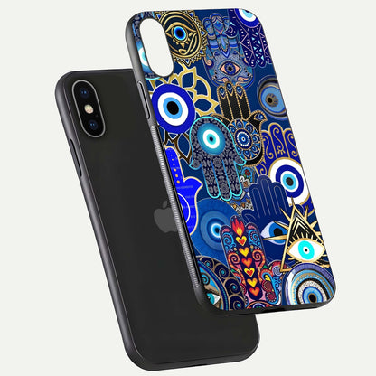 Mystic Palm Guard Glass Case for iPhone X floating dual-view mockup showing HD reflection and vivid tone