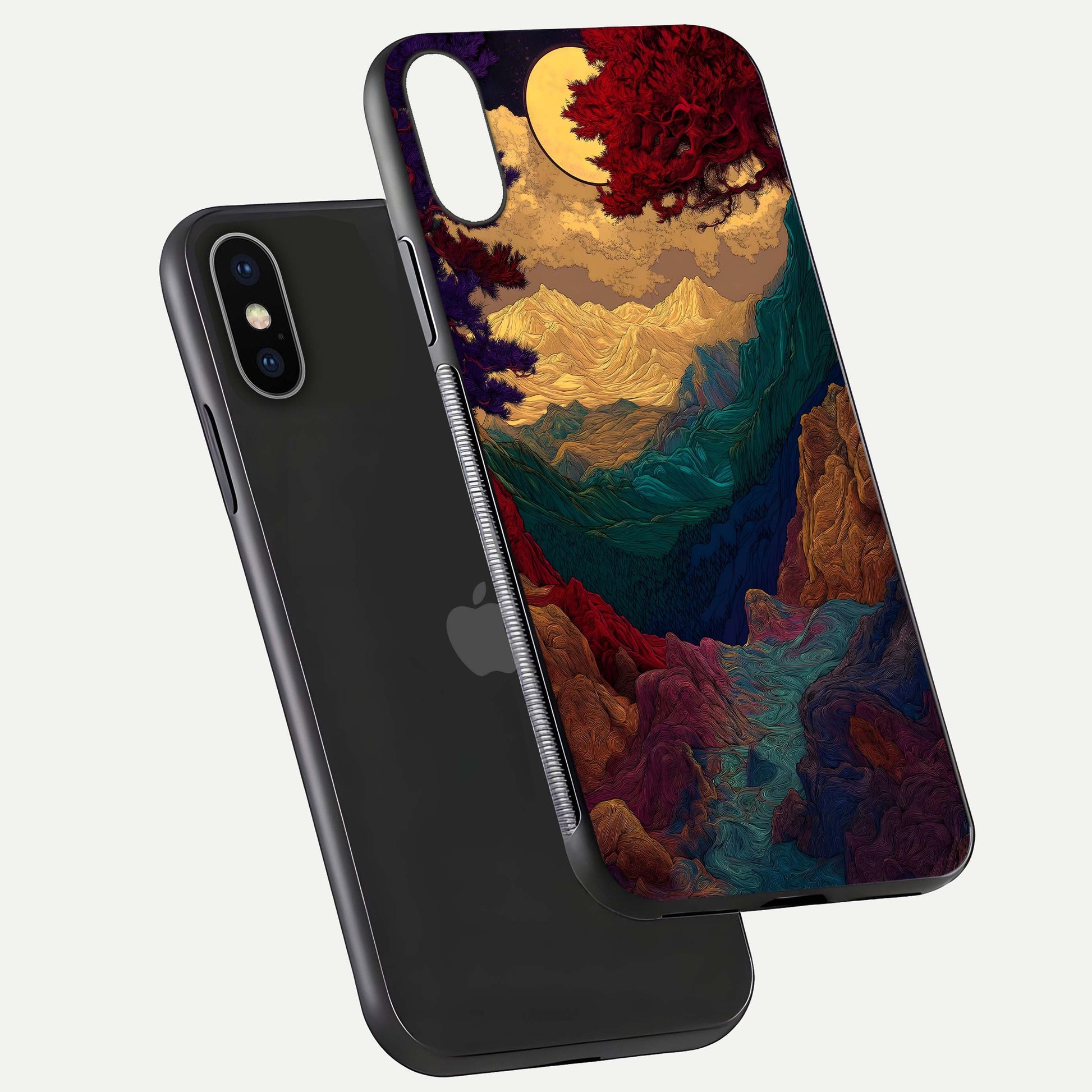 Mystic Valley Light Glass Case for iPhone X floating dual-view mockup showing HD gloss and light blend