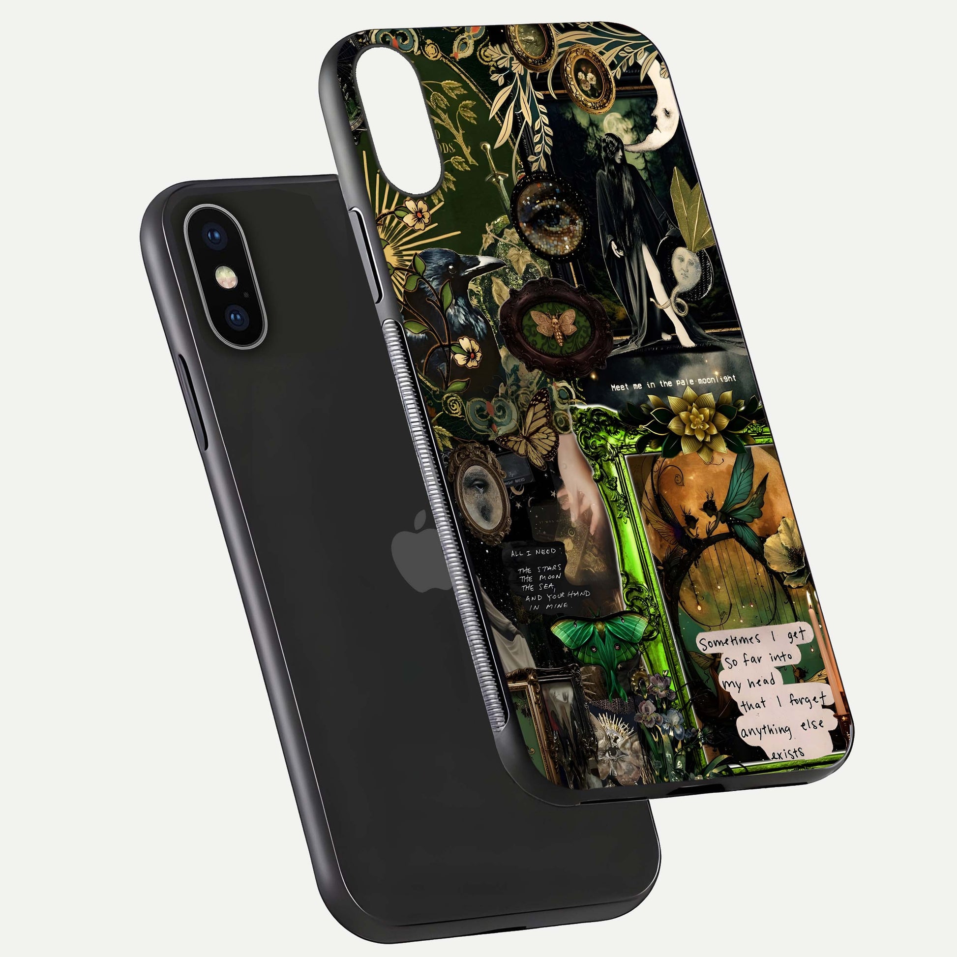 Mystic Woods Secret Glass Case for iPhone X floating dual-view mockup showing HD shine and depth