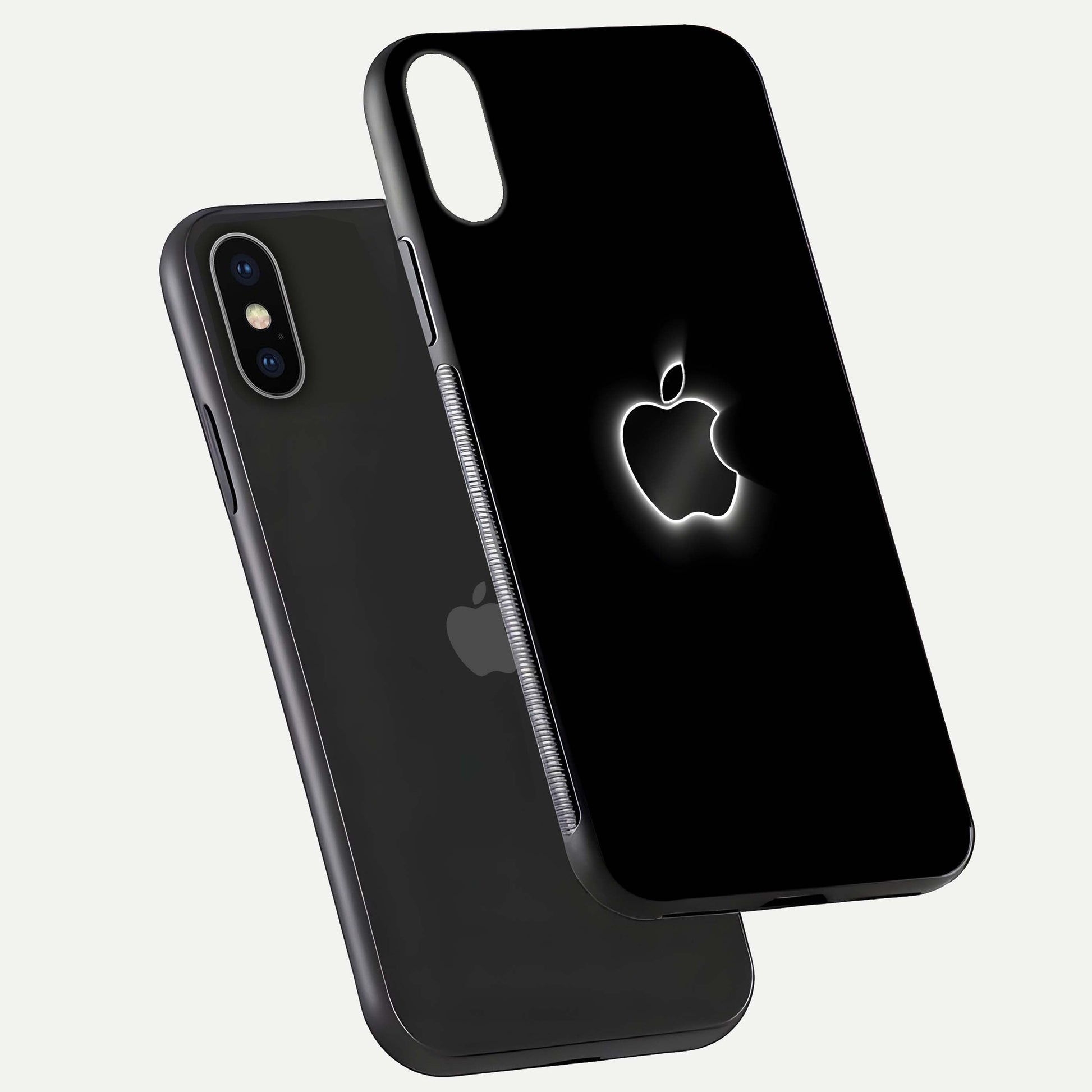 Neon Apple Glow Glass Case for iPhone X floating dual-view mockup showing HD shine and modern look