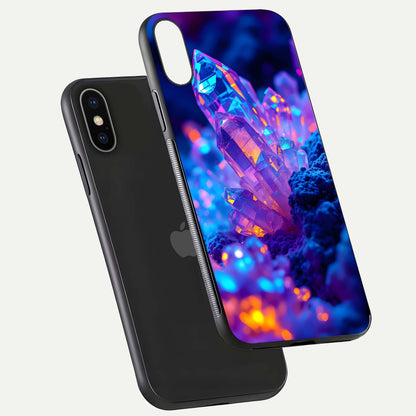Neon Aura Shards Glass Case for iPhone X floating dual-view mockup showing HD shine and shard texture