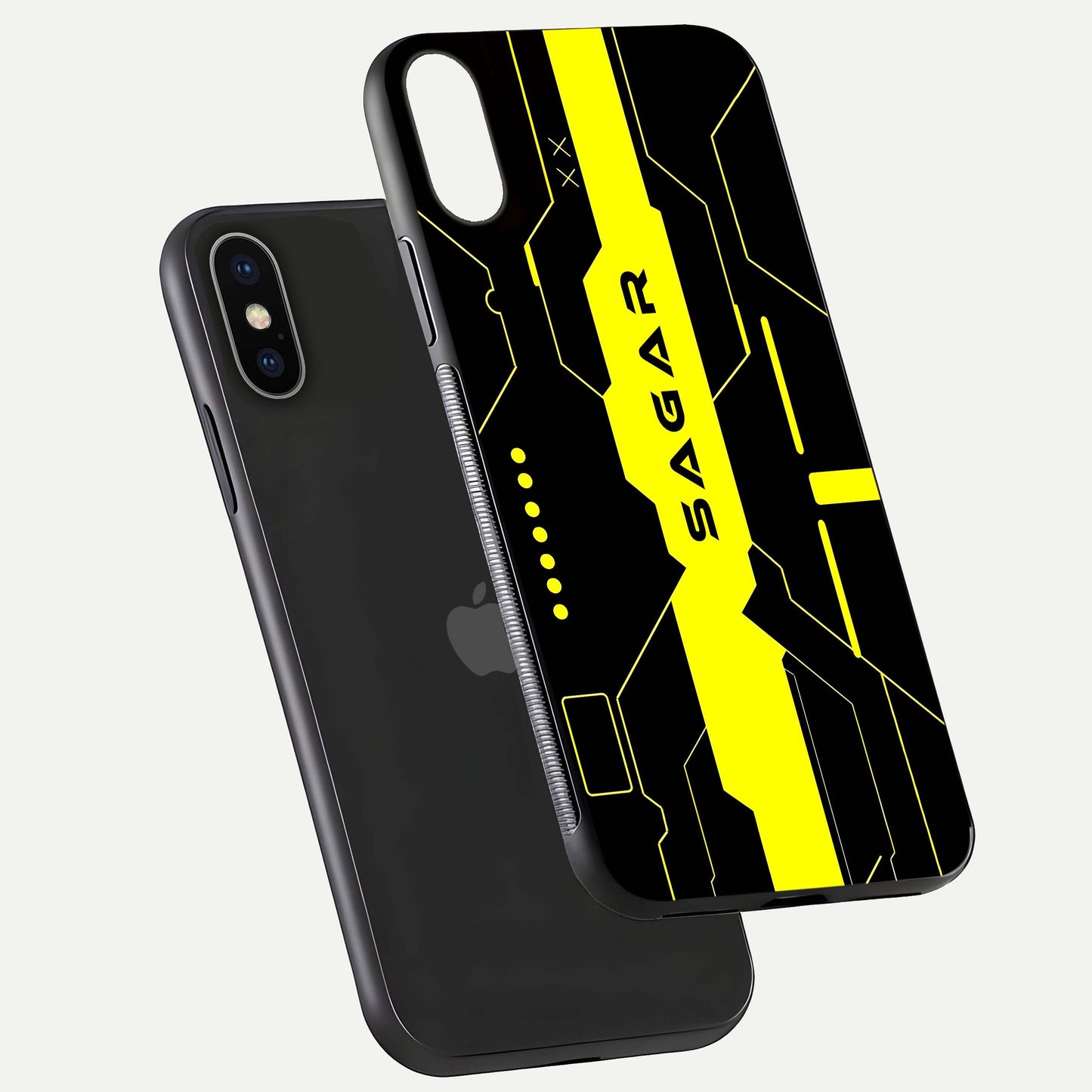 Neon CYBERPUNK Custom Name Glass Case for iPhone X floating dual-view mockup showing HD shine and neon lines