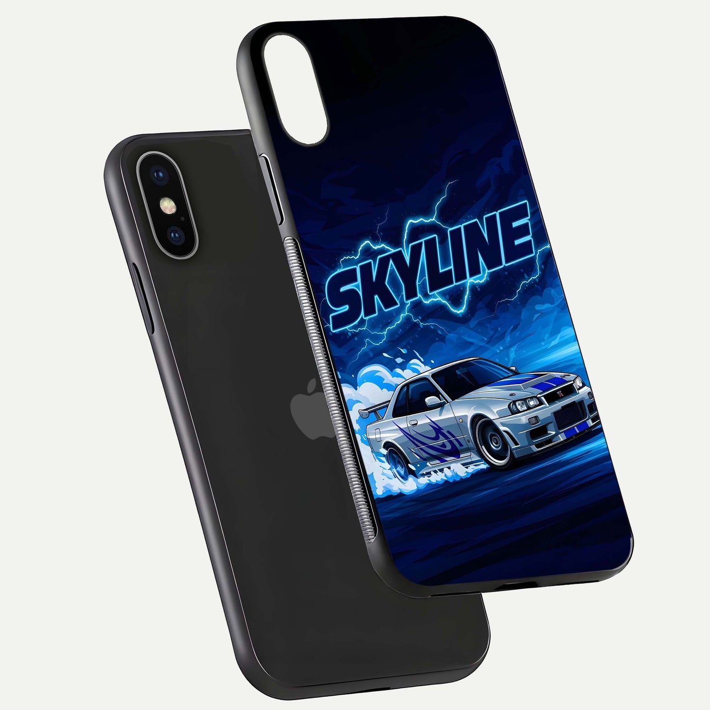 Neon Drift Beast Glass Case for iPhone X floating dual-view mockup showing gloss texture and motion glow