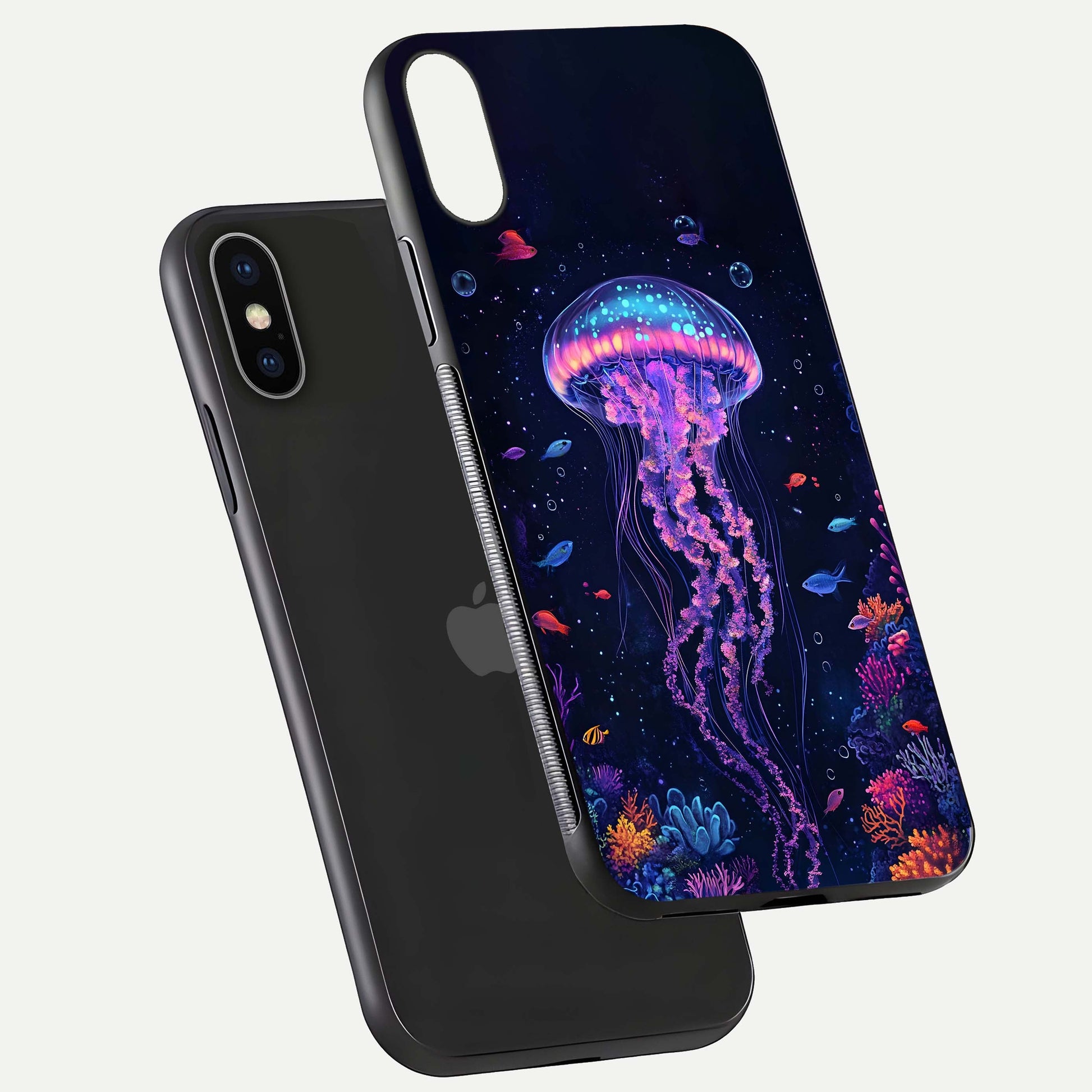 Neon Jellyfish Glass Case for iPhone X floating dual-view mockup showing gloss texture and underwater glow