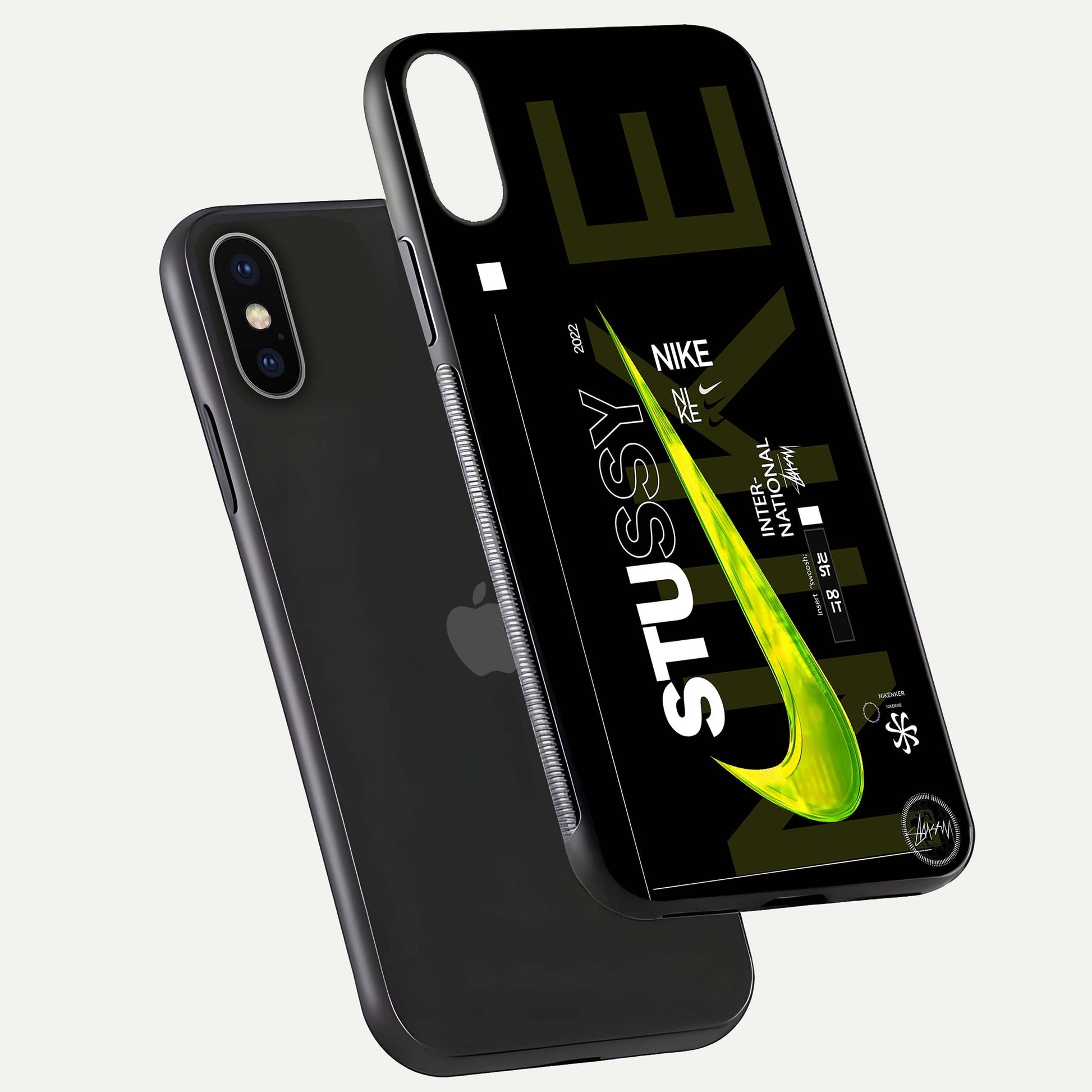 Neon Street Edition Glass Case for iPhone X floating dual-view mockup showing HD gloss and neon glow