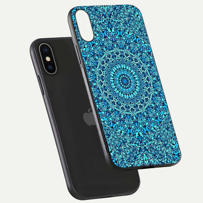 Ocean Bloom Mandala Glass Case for iPhone X floating dual-view mockup showing gloss texture and print depth