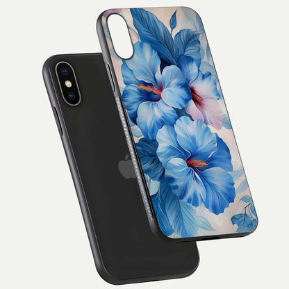 Ocean Hibiscus Grace Glass Case for iPhone X floating dual-view mockup showing gloss reflection and print clarity