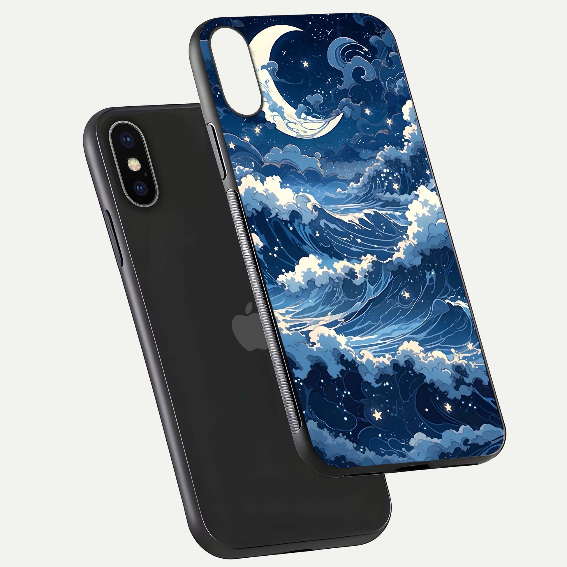 Ocean Moon Waves Glass Case for iPhone X floating dual-view mockup showing gloss texture and moon glow