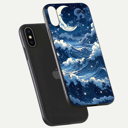 Ocean Moon Waves Glass Case for iPhone X floating dual-view mockup showing gloss texture and moon glow
