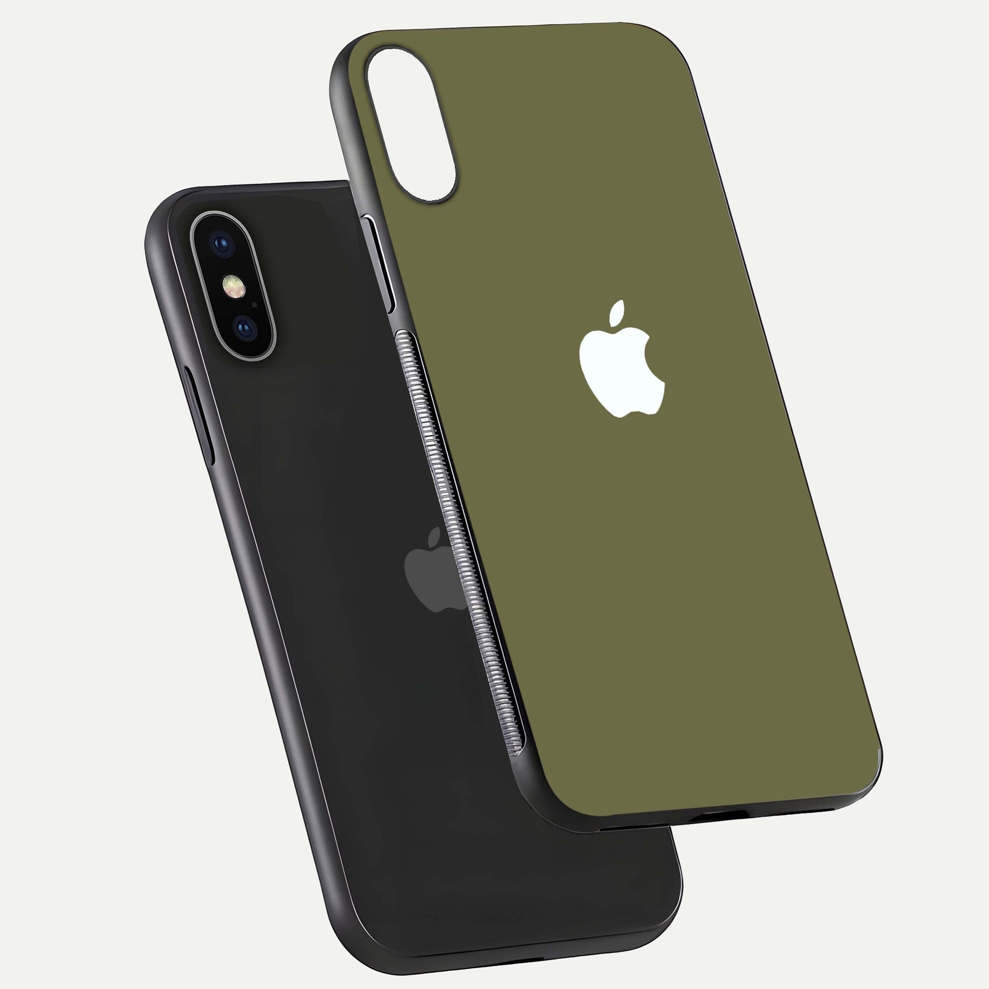 Olive Matte Essence Glass Case for iPhone X floating dual-view mockup showing matte gloss and depth