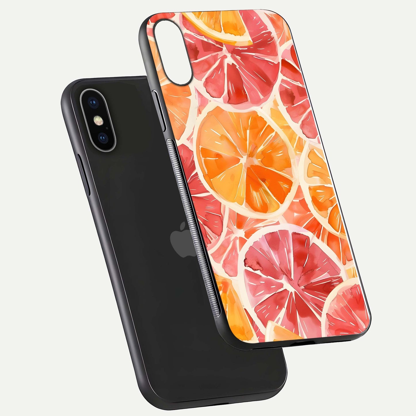 Orange Fruits Pattern Glass Case for iPhone X floating dual-view mockup showing gloss reflection and HD tone