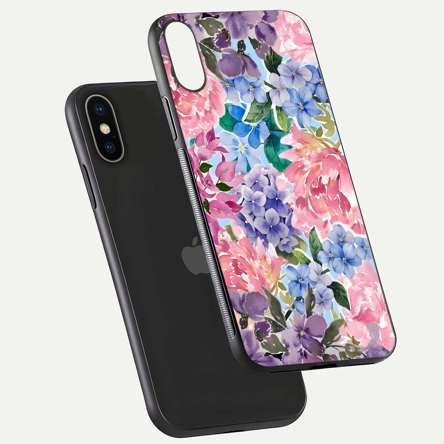 Pastel Floral Mix Glass Case for iPhone X floating dual-view mockup showing HD gloss and floral texture