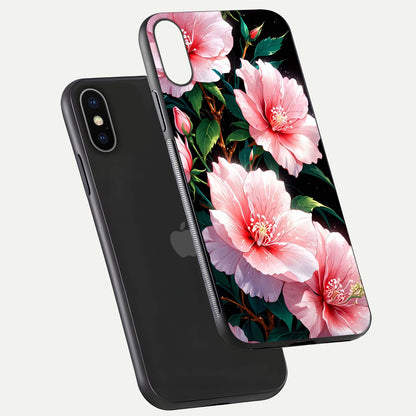 Peach Flower Glass Case for iPhone X floating dual-view mockup displaying shine and delicate flower art