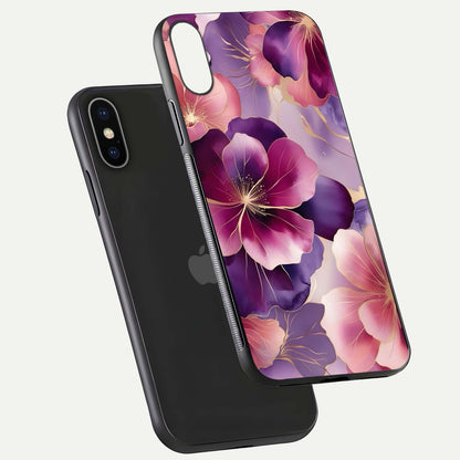 Pink Bouquet Florals Glass Case for iPhone X floating dual-view mockup showing gloss surface and color depth