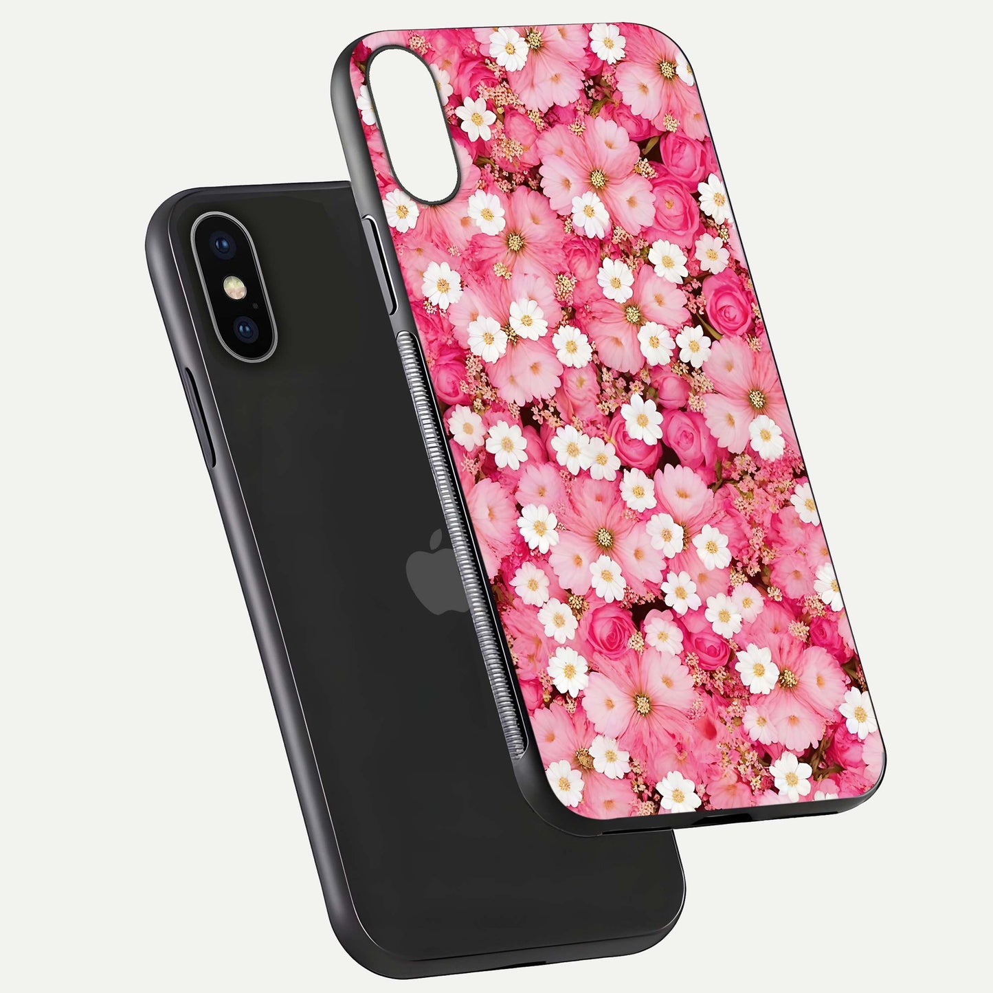 Pink Daisy Bliss Glass Case for iPhone X floating dual-view mockup displaying gloss shine and pastel tones