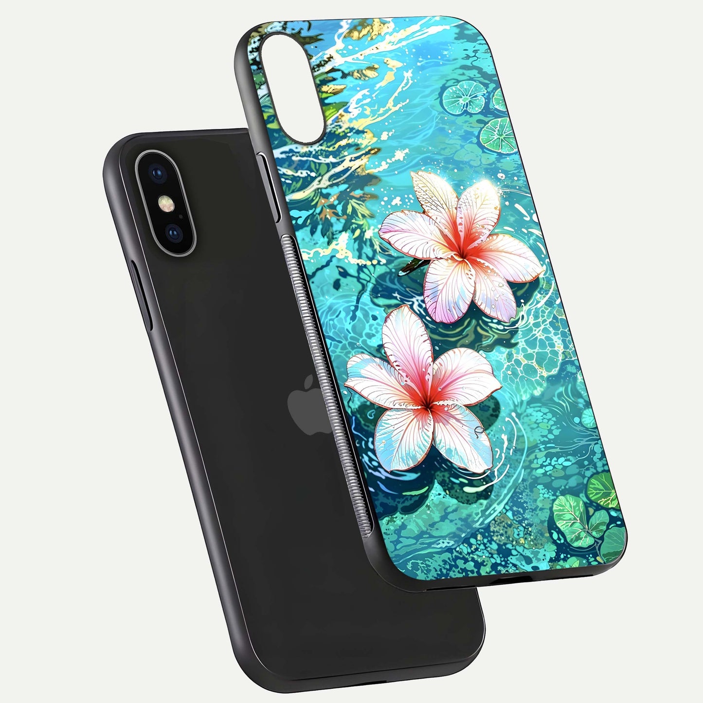 Pink Flowers in Water Glass Case for iPhone X floating dual-view mockup showing gloss and floral clarity