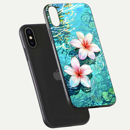 Pink Flowers in Water Glass Case for iPhone X floating dual-view mockup showing gloss and floral clarity
