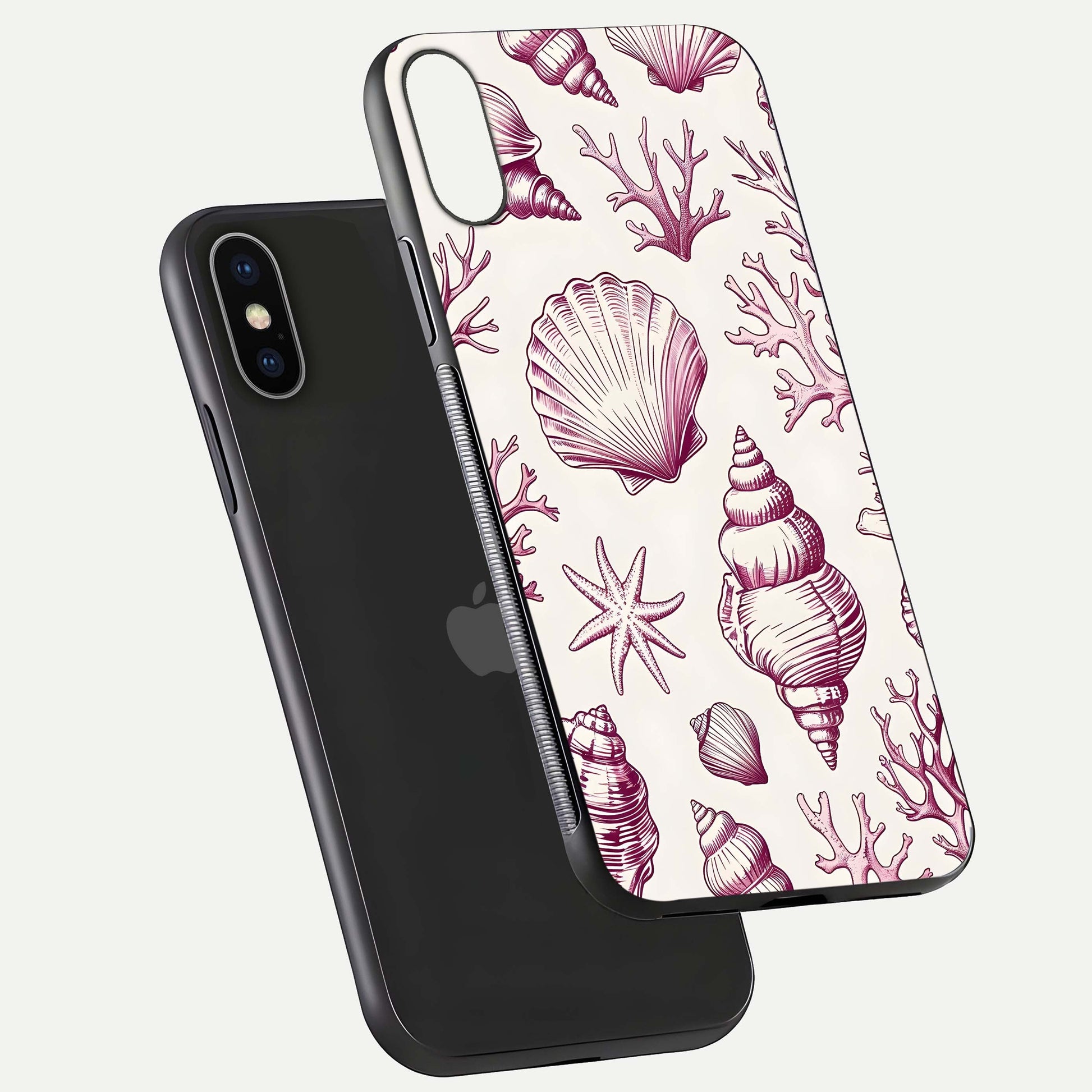 Pink Shells Outline Glass Case for iPhone X floating dual-view mockup displaying gloss and ocean vibe