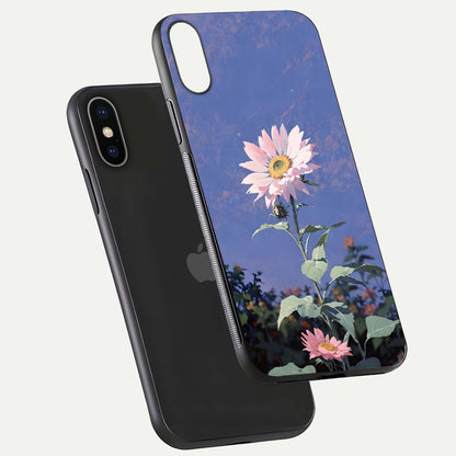 Pink Sunflower Glow Glass Case for iPhone X floating dual-view mockup showing gloss reflection and design depth