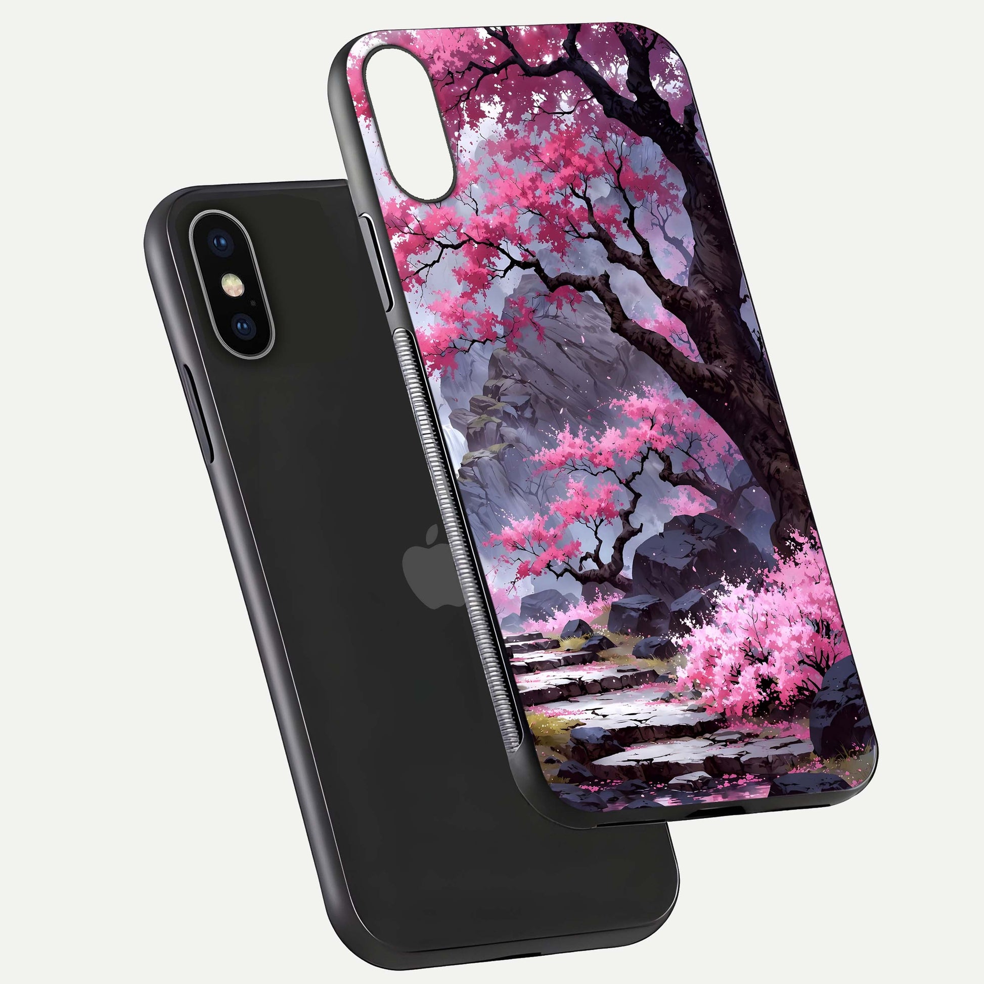 Pinkish Scenery Glass Case for iPhone X floating dual-view mockup displaying gloss shine and artistic tone