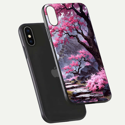 Pinkish Scenery Glass Case for iPhone X floating dual-view mockup displaying gloss shine and artistic tone