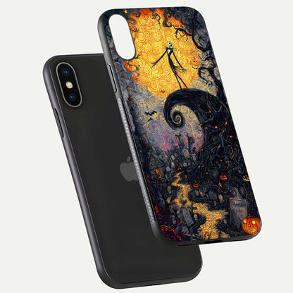 Pumpkin Moon Night Glass Case for iPhone X floating dual-view mockup showing HD gloss and spooky detail