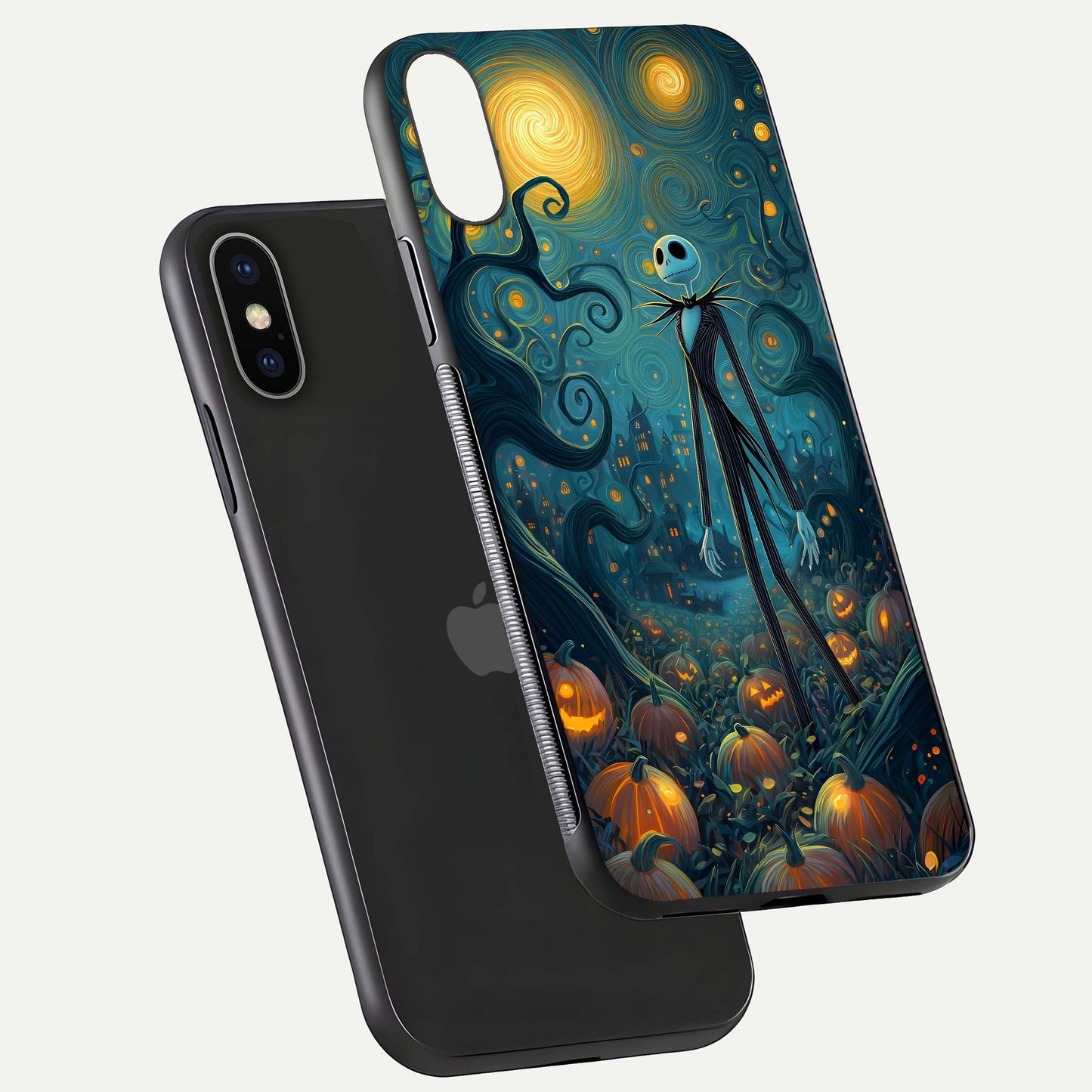 Pumpkin Moonlight Tale Glass Case for iPhone X floating dual-view mockup showing HD gloss and eerie design