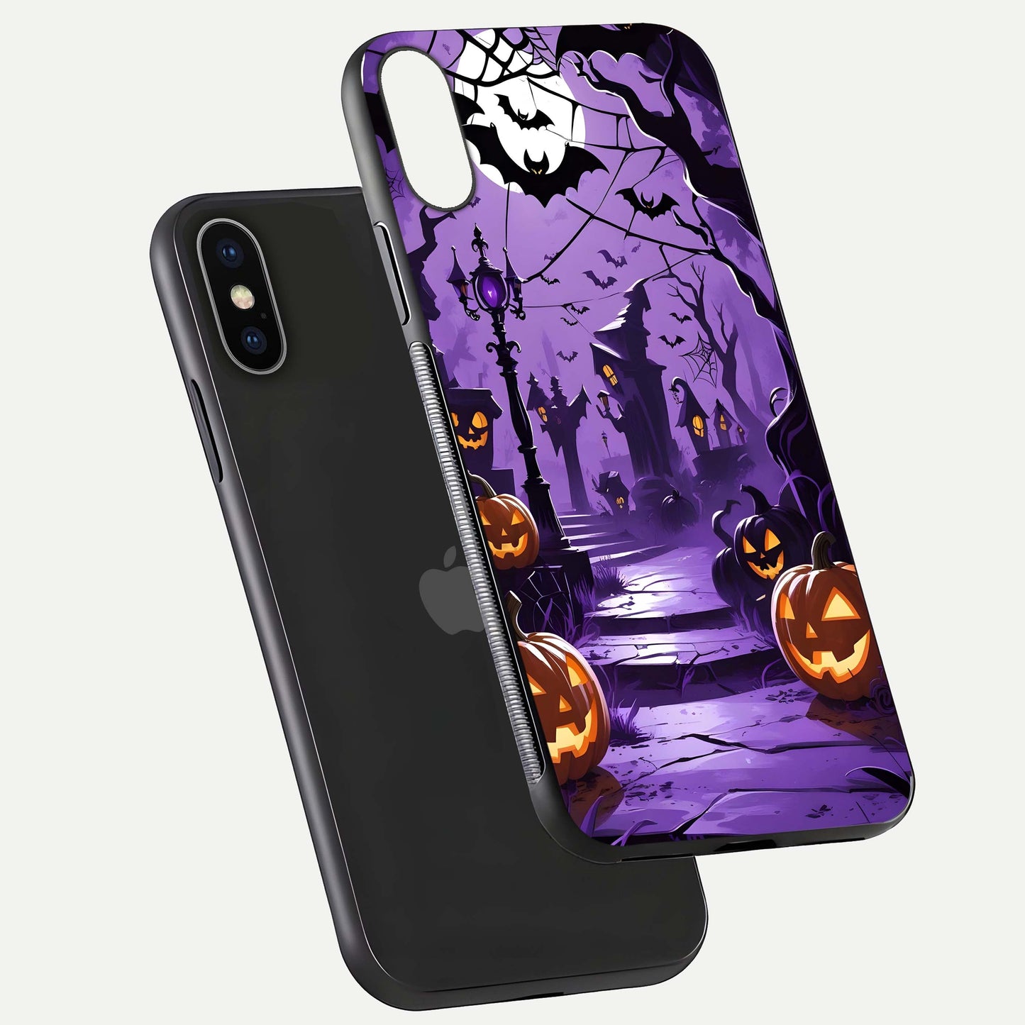 Pumpkin Patch Halloween Glass Case for iPhone X floating dual-view mockup displaying gloss and dark tone