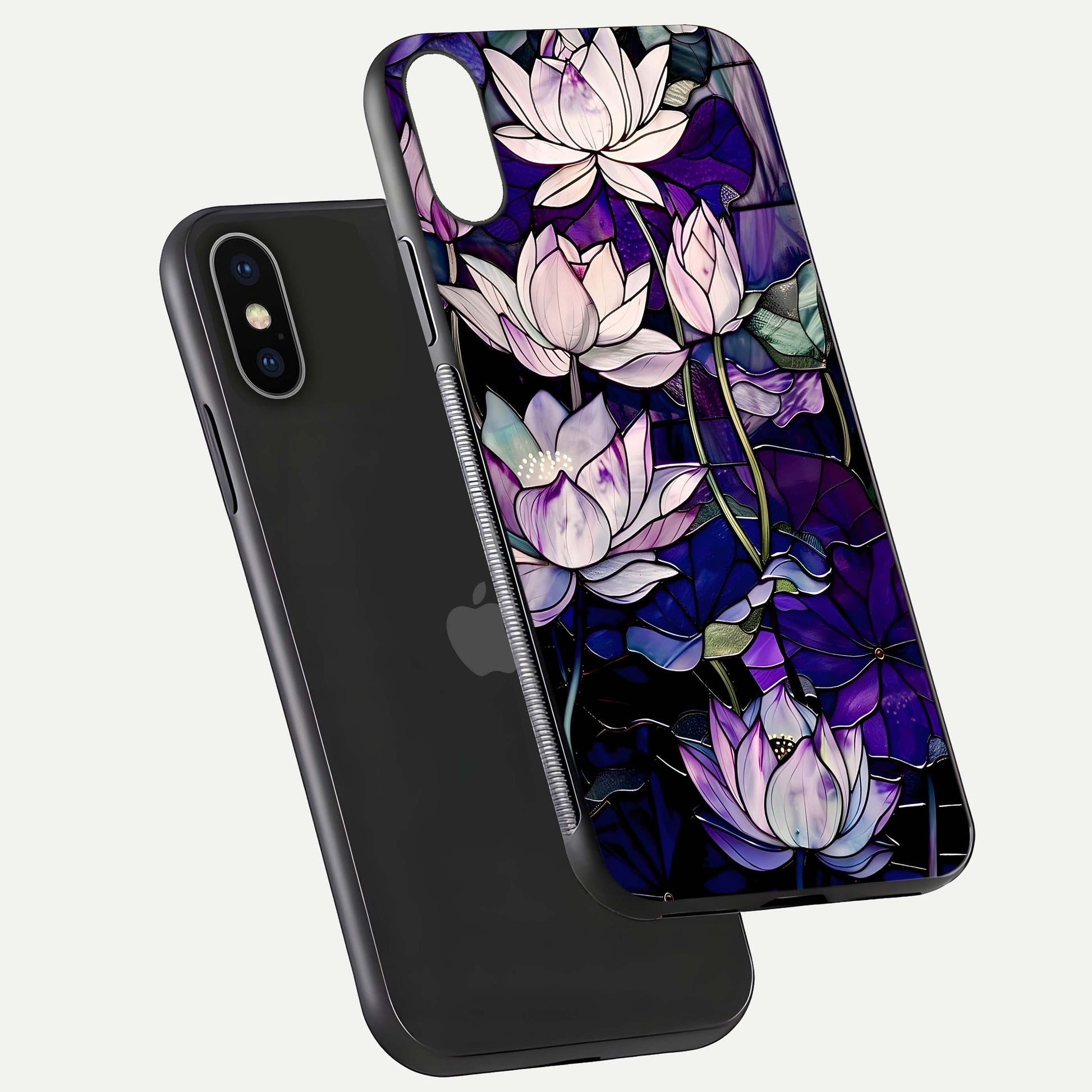 Purple Lotus Pattern Glass Case for iPhone X floating dual-view mockup showing glass shine and vivid purple hue