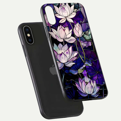 Purple Lotus Pattern Glass Case for iPhone X floating dual-view mockup showing glass shine and vivid purple hue