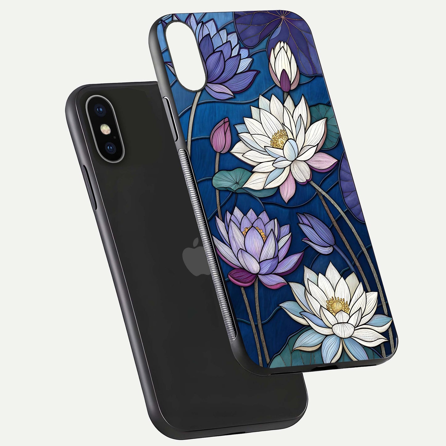Purple Lotus Stained Glass Case for iPhone X floating dual-view mockup displaying color depth and glass clarity