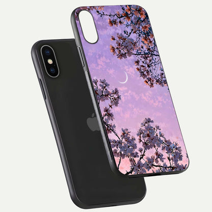 Purple Serenity Moon Glass Case for iPhone X floating dual-view mockup showing gloss and cosmic detail
