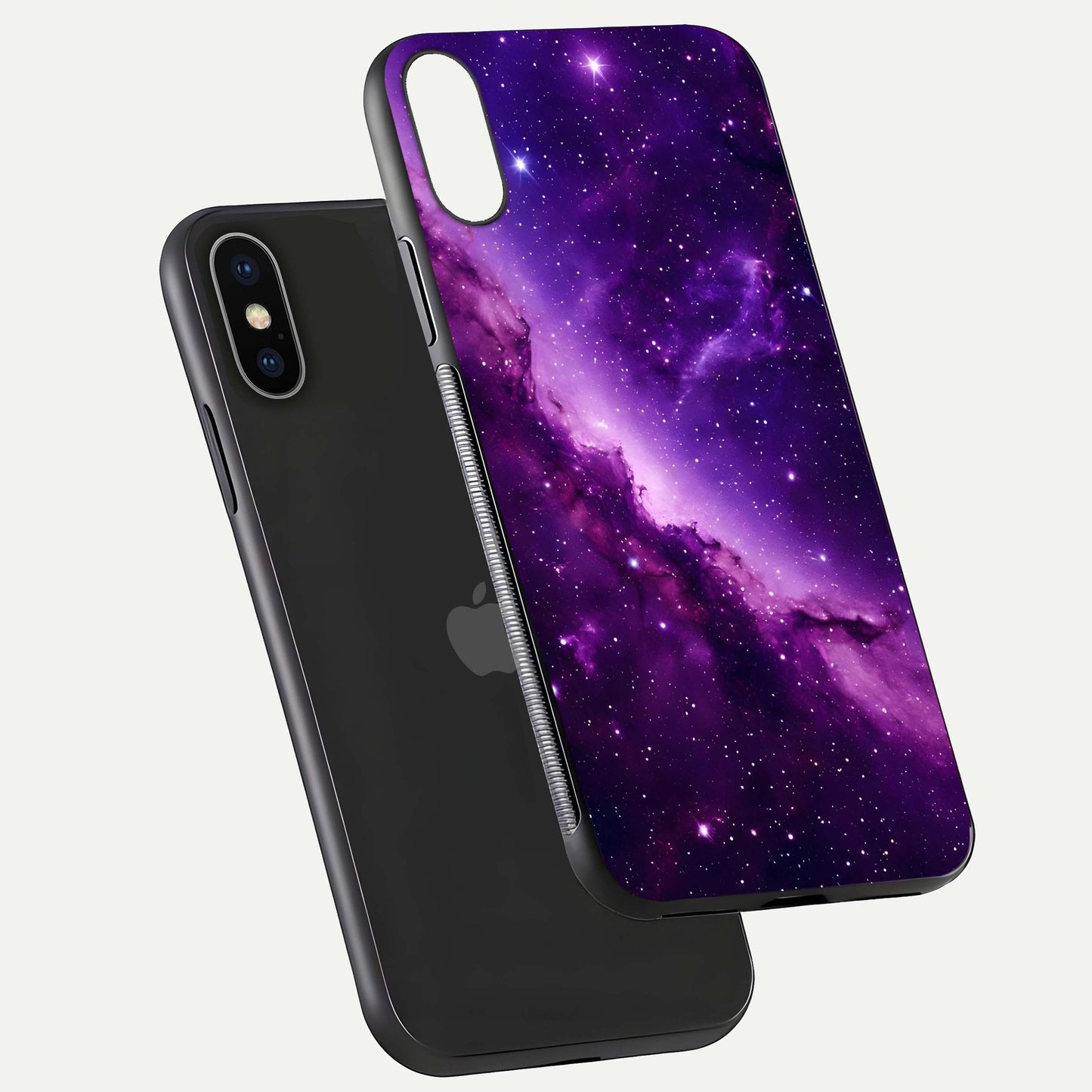 Purple Shade Sky Glass Case for iPhone X floating dual-view mockup displaying gloss and sky theme